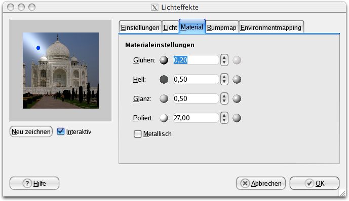 Eigenschaften (Material) für das Filter Lichteffekte